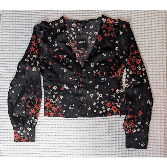 FOREVER 21 black floral blouse v-neck button up size large NWT WhimsyGoth - Picture 1 of 7
